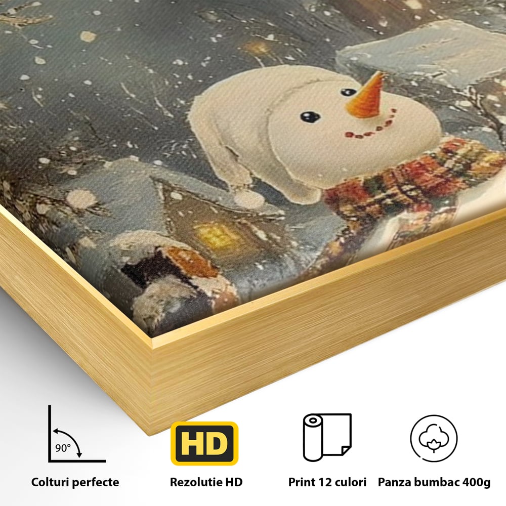 Detaliu al suprafetei: tablou canvas cu om de zapada, in rama de aluminiu auriu